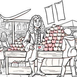 Isaac Newton depicted at a bustling modern market, selling a variety of apples