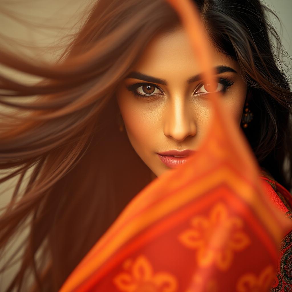 A beautiful Indian woman with long flowing hair and captivating eyes