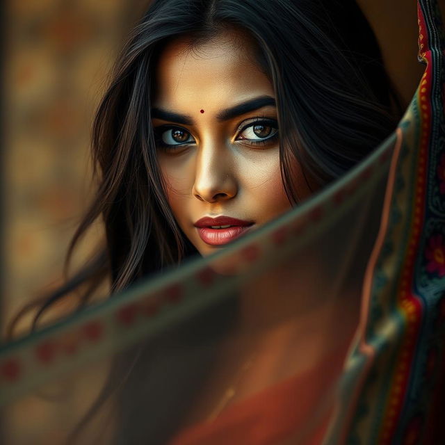 A beautiful Indian woman with long flowing hair and captivating eyes