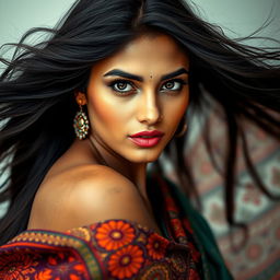 A beautiful Indian woman with long flowing hair and captivating eyes