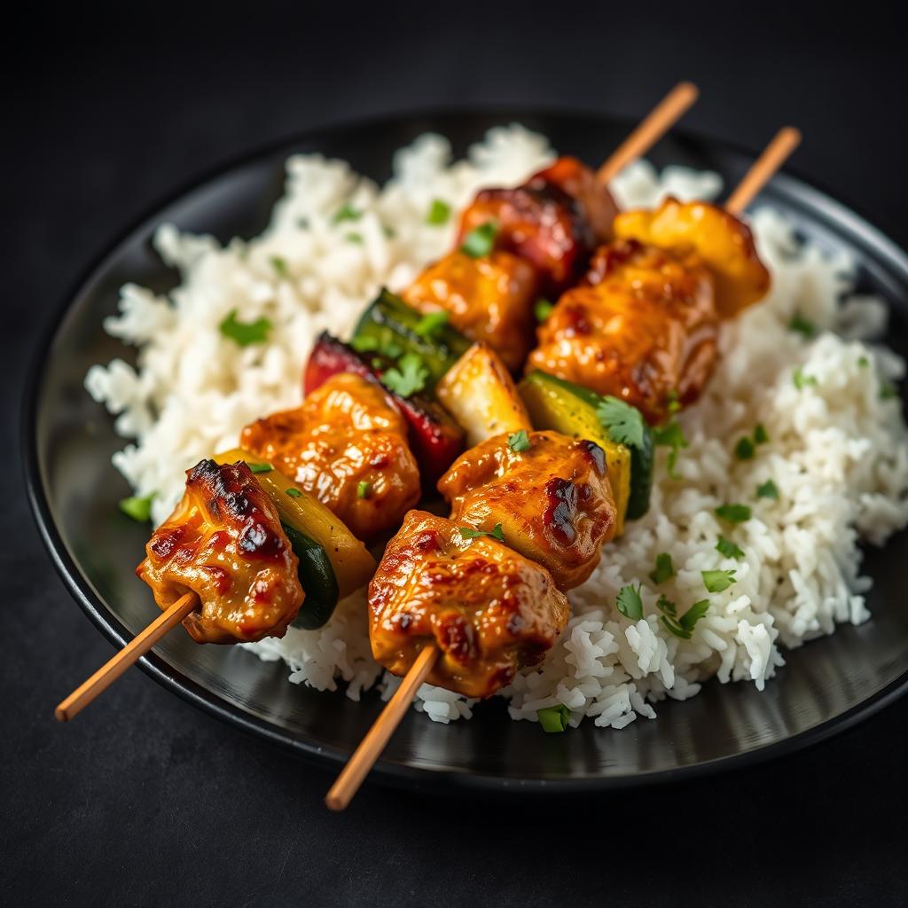 A close-up photo of two skewers of grilled chicken and vegetables on a black plate