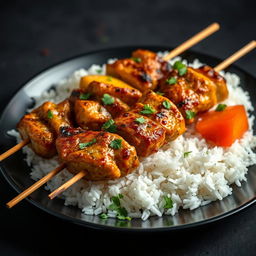 A close-up photo of two skewers of grilled chicken and vegetables on a black plate