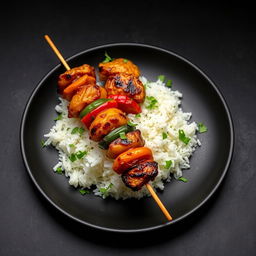 A close-up photo of two skewers of grilled chicken and vegetables on a black plate