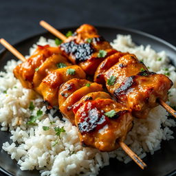 A close-up photo of two skewers of grilled chicken and vegetables on a black plate