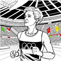 Marie Curie depicted as an Olympic athlete in a modern track and field setting