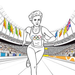 Marie Curie depicted as an Olympic athlete in a modern track and field setting