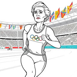 Marie Curie depicted as an Olympic athlete in a modern track and field setting