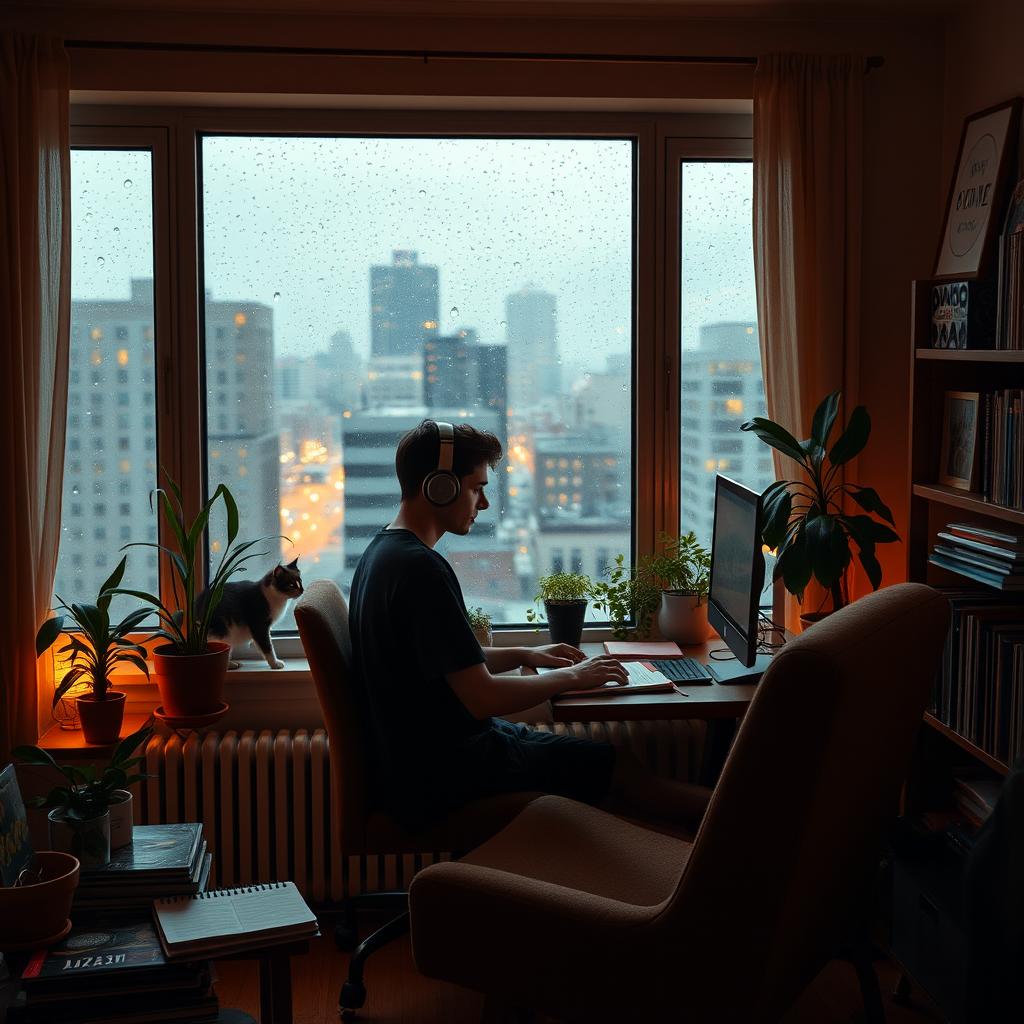 A cozy room with a large window showing a view of a rainy cityscape