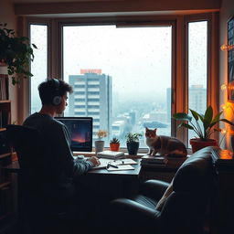 A cozy room with a large window showing a view of a rainy cityscape