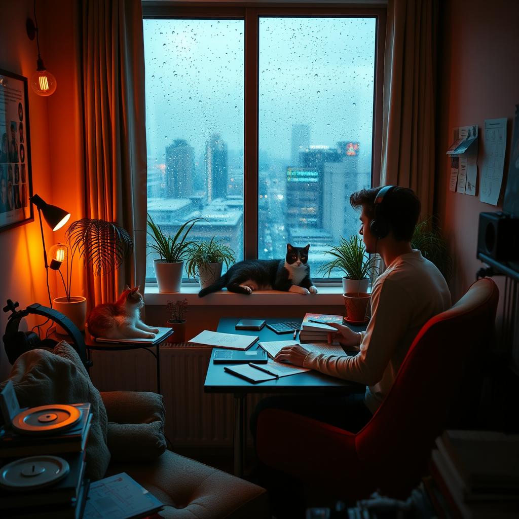 A cozy room with a large window showing a view of a rainy cityscape