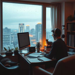 A cozy room with a large window showing a view of a rainy cityscape