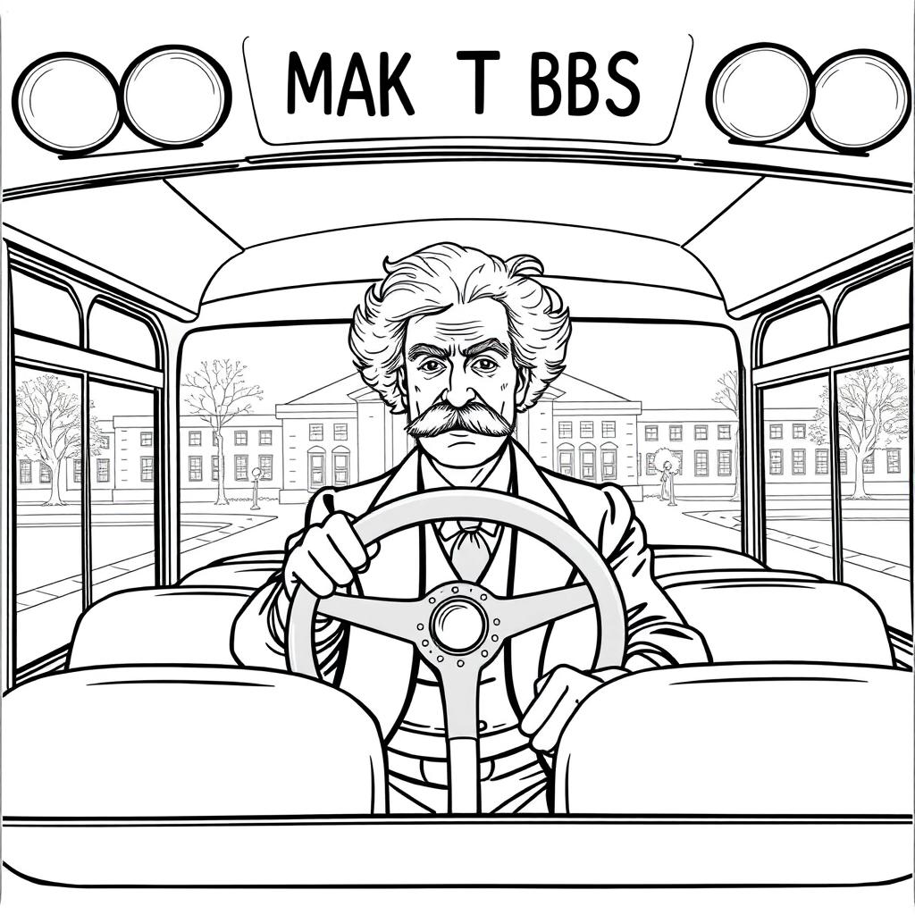 Mark Twain depicted driving a modern school bus, his classic 19th-century appearance contrasting with the contemporary school bus setting