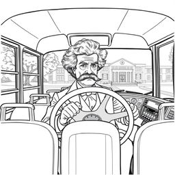 Mark Twain depicted driving a modern school bus, his classic 19th-century appearance contrasting with the contemporary school bus setting