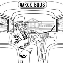 Mark Twain depicted driving a modern school bus, his classic 19th-century appearance contrasting with the contemporary school bus setting