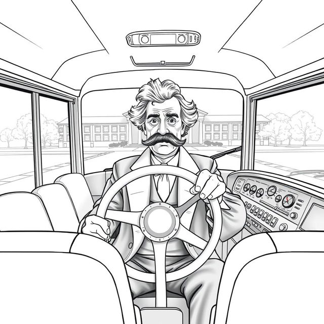 Mark Twain depicted driving a modern school bus, his classic 19th-century appearance contrasting with the contemporary school bus setting