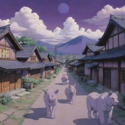 A 90's shonen-style anime scene depicting a rustic Japanese town with futuristic elements. Citizens consist of wolf-like, lion-like and rhino-like creatures, alongside regular humans, all coexisting. The landscape is painted with a purple, whimsical sky. Each part of the scene is outlined in black.