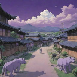 A 90's shonen-style anime scene depicting a rustic Japanese town with futuristic elements. Citizens consist of wolf-like, lion-like and rhino-like creatures, alongside regular humans, all coexisting. The landscape is painted with a purple, whimsical sky. Each part of the scene is outlined in black.