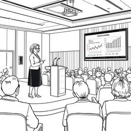 Coco Chanel depicted giving a lecture on economics at a modern conference