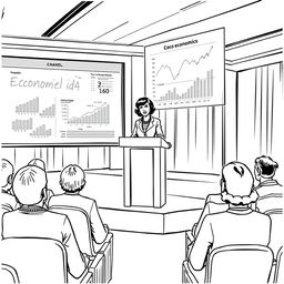 Coco Chanel depicted giving a lecture on economics at a modern conference