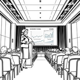 Coco Chanel depicted giving a lecture on economics at a modern conference