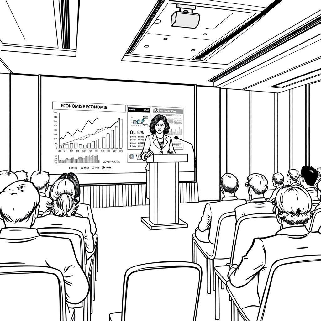 Coco Chanel depicted giving a lecture on economics at a modern conference