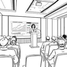 Coco Chanel depicted giving a lecture on economics at a modern conference