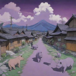 A 90's shonen-style anime scene depicting a rustic Japanese town with futuristic elements. Citizens consist of wolf-like, lion-like and rhino-like creatures, alongside regular humans, all coexisting. The landscape is painted with a purple, whimsical sky. Each part of the scene is outlined in black.