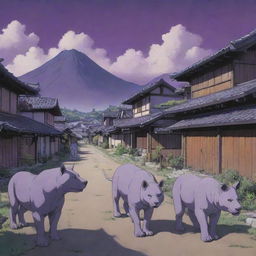 A 90's shonen-style anime scene depicting a rustic Japanese town with futuristic elements. Citizens consist of wolf-like, lion-like and rhino-like creatures, alongside regular humans, all coexisting. The landscape is painted with a purple, whimsical sky. Each part of the scene is outlined in black.