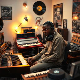 A relaxed and focused hip hop beatmaker surrounded by vintage synthesizers and drum machines in a cozy studio setting