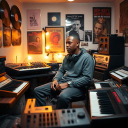 A relaxed and focused hip hop beatmaker surrounded by vintage synthesizers and drum machines in a cozy studio setting