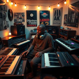 A relaxed and focused hip hop beatmaker surrounded by vintage synthesizers and drum machines in a cozy studio setting