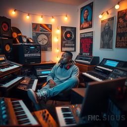 A relaxed and focused hip hop beatmaker surrounded by vintage synthesizers and drum machines in a cozy studio setting