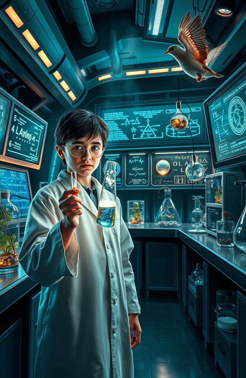 A scene where Harry Potter is in a futuristic laboratory