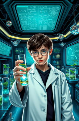 A scene where Harry Potter is in a futuristic laboratory