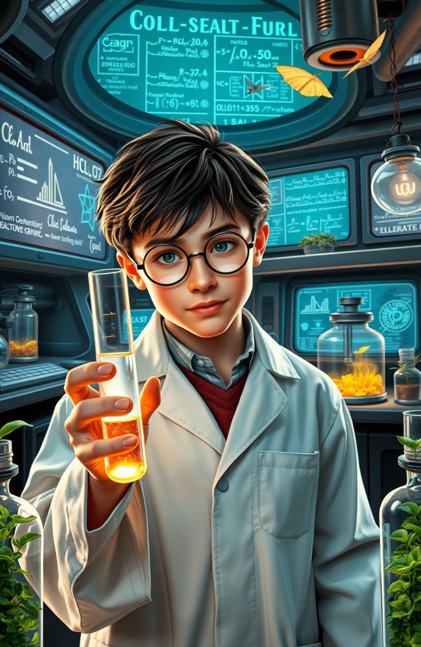 A scene where Harry Potter is in a futuristic laboratory