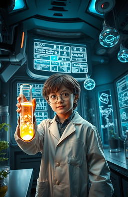 A scene where Harry Potter is in a futuristic laboratory