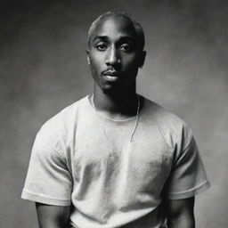 A vintage-styled photograph of Tupac Shakur, showcasing his intensity and iconic style. He appears engaged and energetic, with a sense of shake, enhancing the raw vigor that defined him.