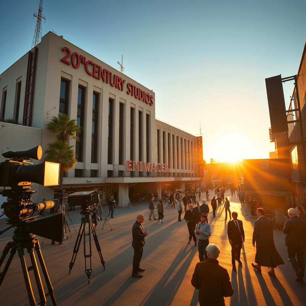 A grand Hollywood film studio lot with the iconic 20th Century Studios building prominently displayed