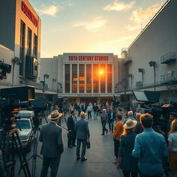 A grand Hollywood film studio lot with the iconic 20th Century Studios building prominently displayed