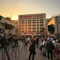 A grand Hollywood film studio lot with the iconic 20th Century Studios building prominently displayed