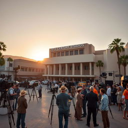 A grand Hollywood film studio lot with the iconic 20th Century Studios building prominently displayed