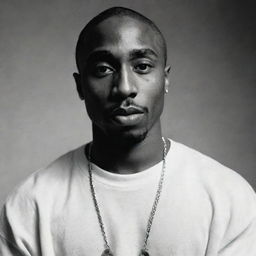 A vintage-styled photograph of Tupac Shakur, showcasing his intensity and iconic style. He appears engaged and energetic, with a sense of shake, enhancing the raw vigor that defined him.