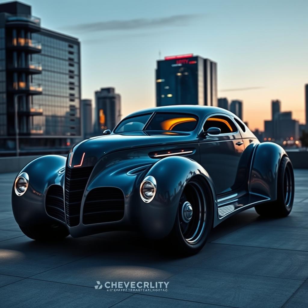 A futuristic supercar transformation of a 1939 Chevrolet Coupe with a widebody design and big tall tires