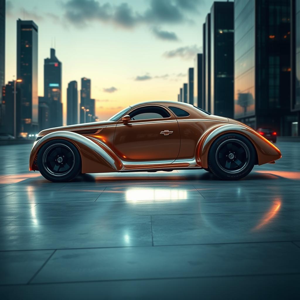 A futuristic supercar transformation of a 1939 Chevrolet Coupe with a widebody design and big tall tires