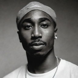 A vintage-styled photograph of Tupac Shakur, showcasing his intensity and iconic style. He appears engaged and energetic, with a sense of shake, enhancing the raw vigor that defined him.