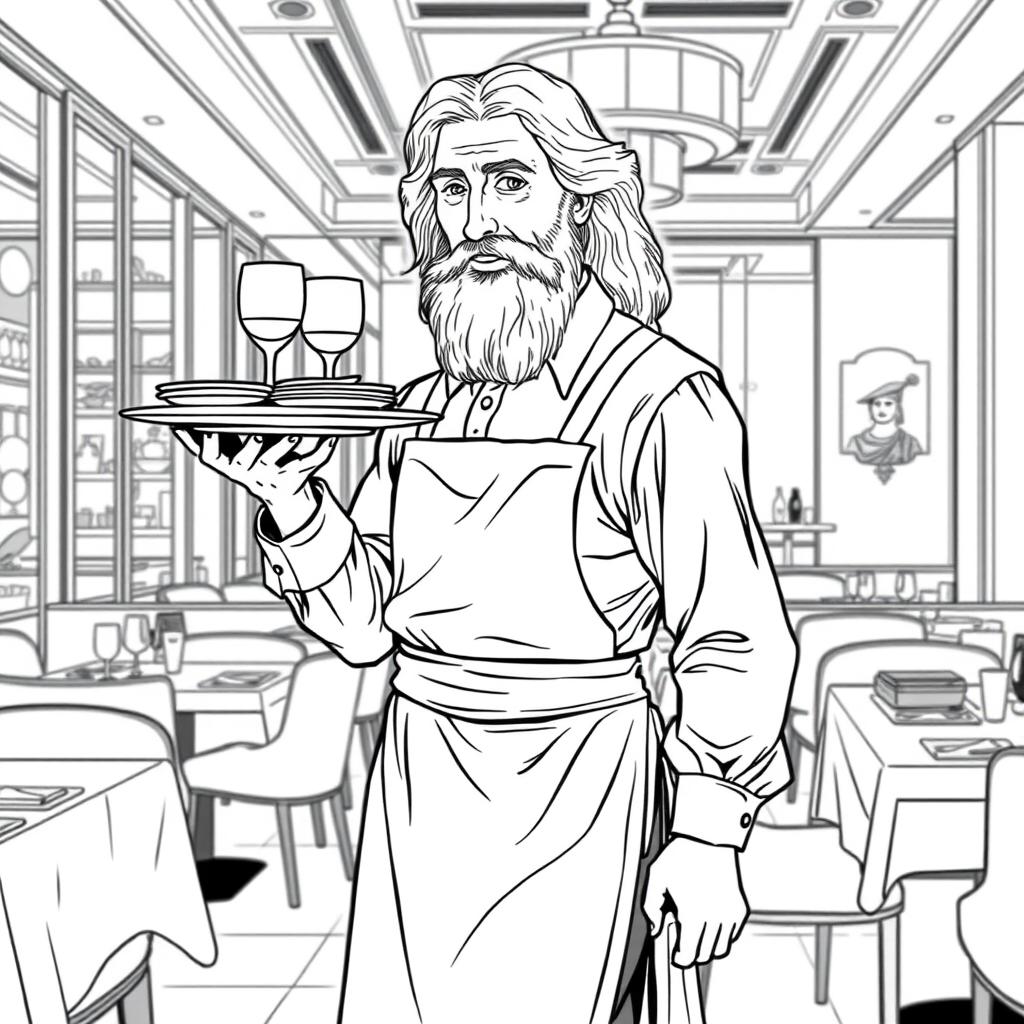 Leonardo da Vinci depicted as a waiter in a modern restaurant setting