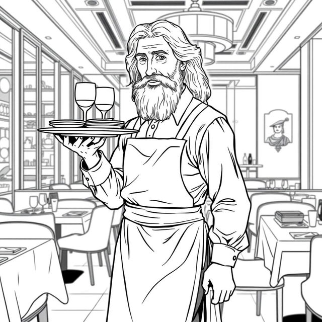 Leonardo da Vinci depicted as a waiter in a modern restaurant setting