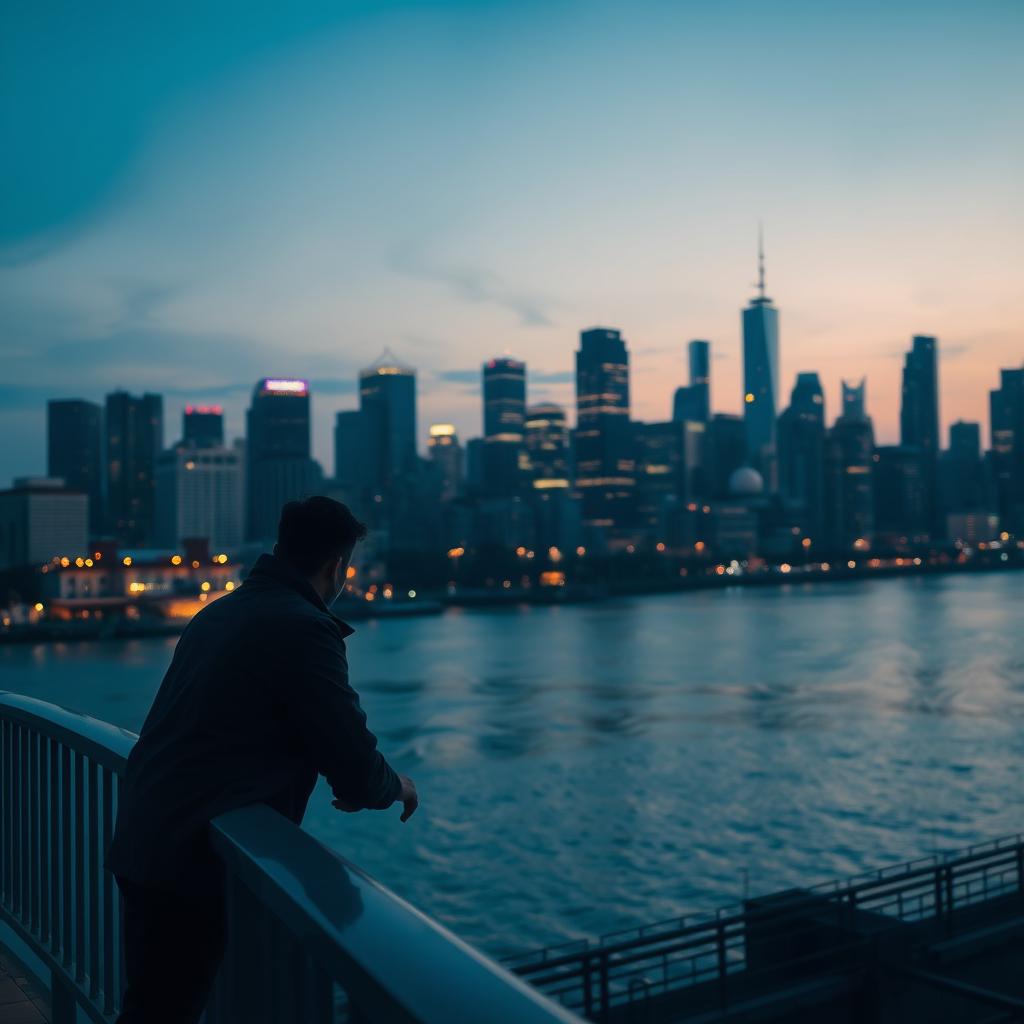 a city skyline at dusk, the soft glow of lights illuminating skyscrapers, casting reflections on a calm river