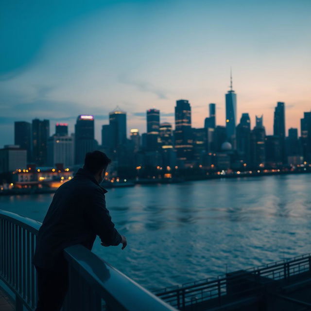 a city skyline at dusk, the soft glow of lights illuminating skyscrapers, casting reflections on a calm river