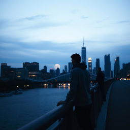 a city skyline at dusk, the soft glow of lights illuminating skyscrapers, casting reflections on a calm river